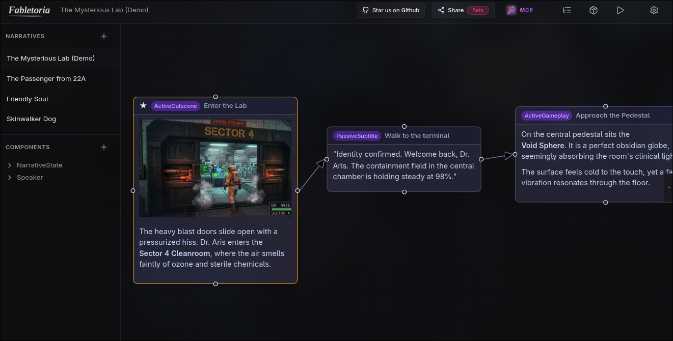 Fabletoria narrative canvas showing branching scenes connected by edges